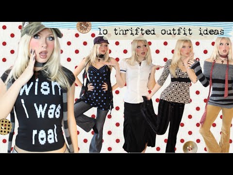 10 outfits with fully thrifted pieces ! (styling recent thrift finds) :3