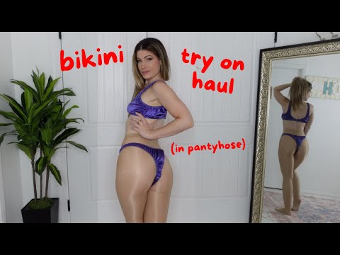 [4k] Bikini Try On Haul (in shiny pantyhose) ❤️