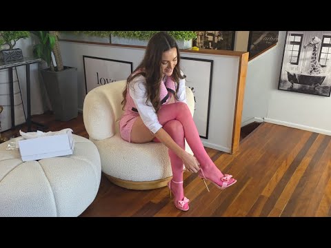 Amanda Tries Out Some Fuchsia Stockings To Match Her Office Suit With Shorts And Pink Sandals