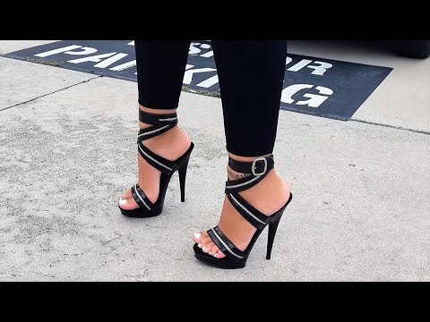 Ashley Tries Out Fabulicious SULTRY-619 Strappy Black 6 Inch High Heel Shoes With Test Walking