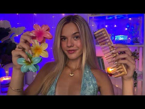 ASMR Dreamy Hair Play For Bed ☁️🪐 (fluffy whispers, brushing, combing, clips, etc)