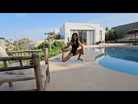 bikini yoga by the pool