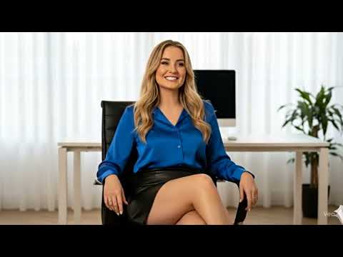 Blonde Secretary Teasing in Blue Satin Blouse and Leather Skirt