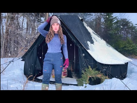 CAMPING IN ICY SNOW STORM WITH HOT TENT ⛺︎ CAMP ASMR