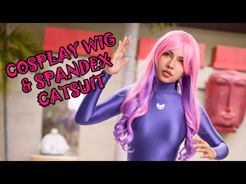Cosplay Wig Try-On with Cute Girl in Spandex Catsuit