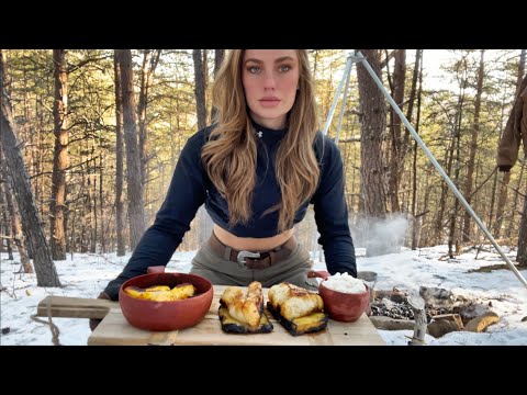 Crispy Pineapple Fish cooked on campfire in Snow solo in the woods. ASMR cooking no talking. Yummy