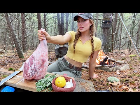 Juicy Whole Leg of Lamb cooked on campfire solo in the woods. ASMR cooking no talking. Caveman style