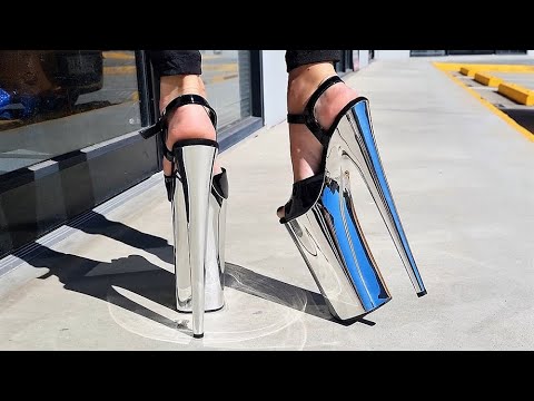 Mina Tries Out HUGE 10 Inch Pleaser BEYOND-009 Silver Chrome High Heel Shoes And Test Walking Them