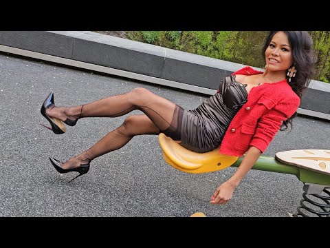 Mini dress tweed jacket black stockings and highheels shoes in the playground with me