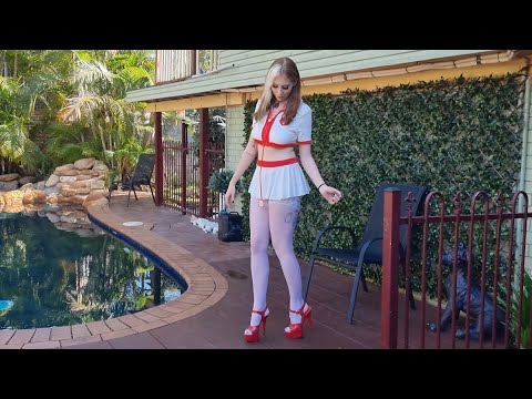 Nurse Brandy Costume Pleaser Delight-608N Red 6 Inch High Heel Platform Shoes White Stockings
