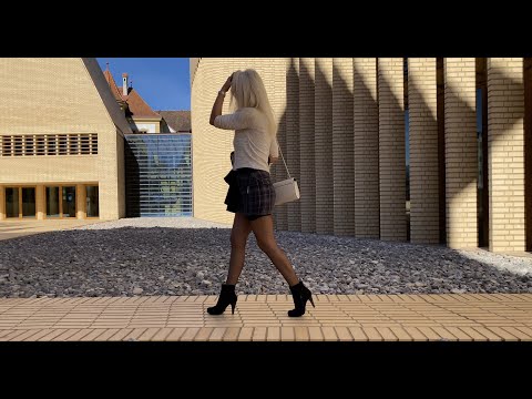 One day in Vaduz, Try On mini skirt and ankle boots in black nylon stockings, walking in public, 4K