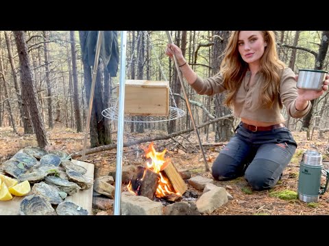 Sage + Cedar Smoked Oysters cooked on campfire solo in the woods. ASMR cooking. No talking.