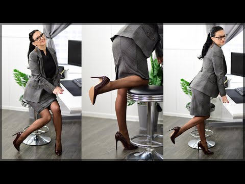 Secretary Office Attire With 10 Denier Coffee Pantyhose Try On Review – Berketex size medium