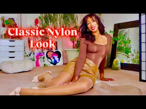 Styling Shiny Sheer 15 Denier Nude Nylon  | Classic Bodysuit & Leather Mini Skirt Outfit Review
