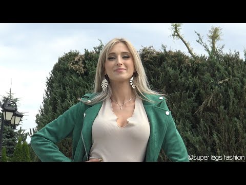 Super Legs – Green Jacket , SLF Beige Pantyhose , High Heels , Beige Shorts