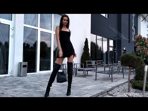 Super Legs – OTK Boots, black mini dress, SLF beige pantyhose