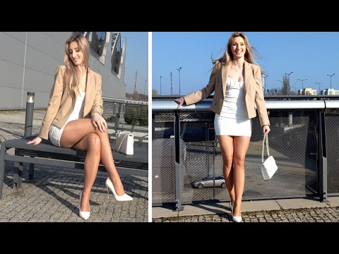 Super Legs – White mini dress , beige SLF pantyhose , white high heels ( how to style )