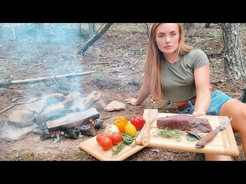 Venison Tenderloin cooked Caveman style on campfire solo in the woods. ASMR cooking. No talking.