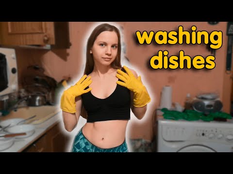 Washing dishes in yellow rubber gloves | cleaning motivation