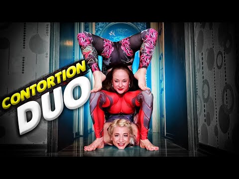 Contortion duo. Flexible girls Alesya and Polina home stretching. Flexshow