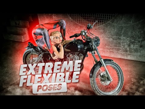 Contortionist Alesya on a motorcycle. Extreme flexible poses. Flexshow