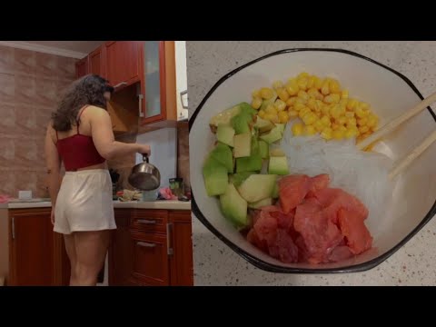 Diary of a homebody: cooking funchoza bowl 🍝 with salmon and avocado 🥑 : asmr + music, vlog
