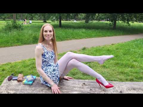 Emma Kross Trailer PART 3 Blue Flowers Dress White Stockings Red Glossy Heels Review