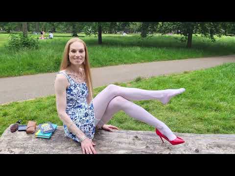 Emma Kross Trailer PART 3 Blue Flowers Dress White Stockings Red Glossy Heels Review