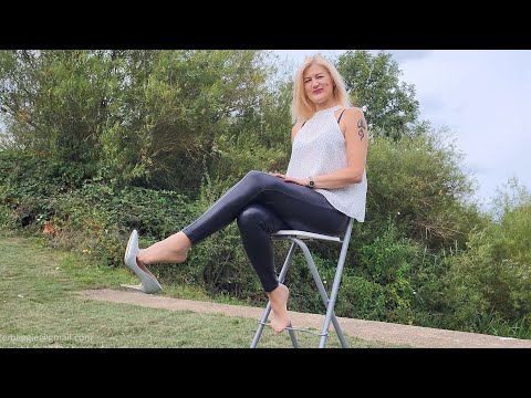 Meggie Style TRAILER White Blouse Tan Pantyhose Tights Black Leather Pants Silver Glittery Heels Rev