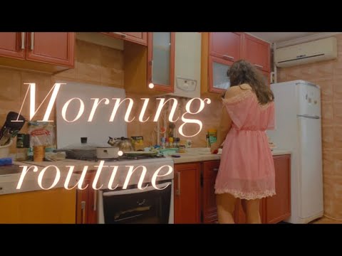 Morning routine: cooking breakfast, washing dishes